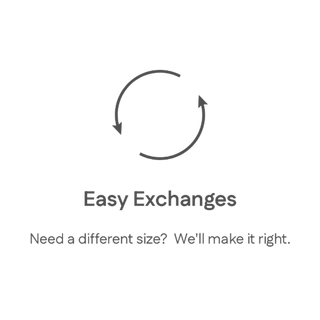 A simple gray circular arrow icon above the text 'Easy Exchanges' and the phrase 'Need a different size? We'll make it right.' on a plain white background.